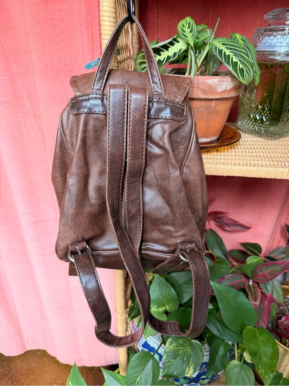 Vintage Nine West Brown Faux Leather Mini Backpack with Front Buckle Pockets
